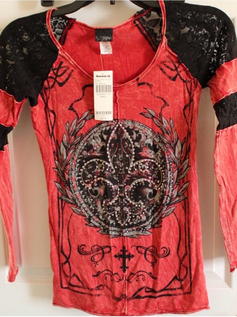 DayTrip Woman’s XS Coral Lace-Accent Graphic Long Sleeve Top Rhinestone Design